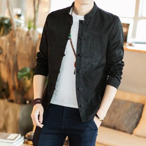 Autumn Chinese Style Cotton Linen Jacket Buckle Embroidered Long Sleeve Stand Collar Jacket Traditional Clothing for Mens Tops