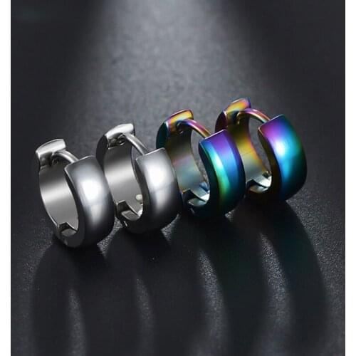 Hot Fashion Men Women Punk Black Blue Color Stainless Steel Simple Round Smooth Circle Hoop Earrings Jewelry 1PCS