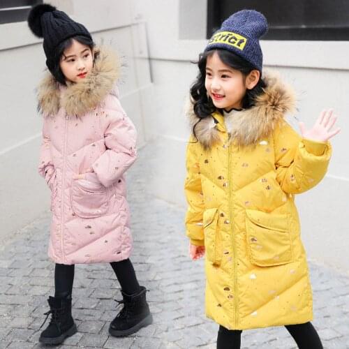 Girls 6-14 Years Big fur Hooded Solid Color Long Winter Down Coats Loose Fit Thick Warm Winter Down Jackets