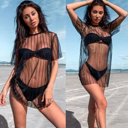 2020 Summer Fashion Women Short Sleeve O Neck Stripe See Through Beach Bathing Holiday Casual Sexy Loose Black Bikini Cover Ups