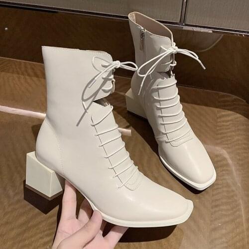 Elegant Square Toe Shoes Woman Genuine Leather Cross Tied High Heels Ankle Boots For Women Wedding Party Winter Shoes 569