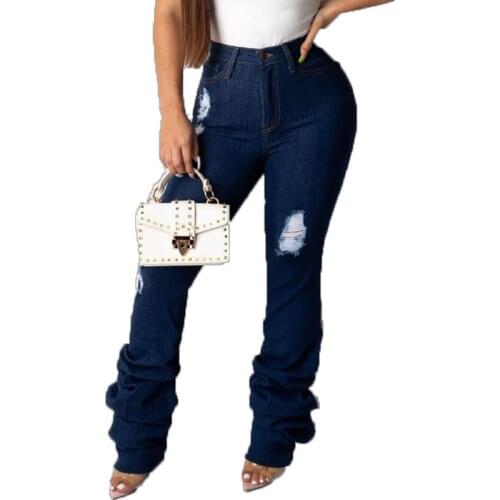 Women Bell Bottom Pants Y2k Fashion Slim Push Up Ripped Hole Stacked Jeans Female Casual Skinny Mid Waist Blue Distressed Jeans