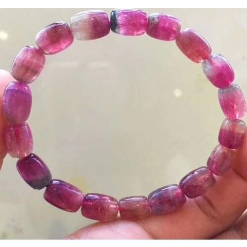 Genuine Natural Red Watermelon Tourmaline Quartz Crystal Barrel Women Lady Charm Bracelet 10*7mm AAAA