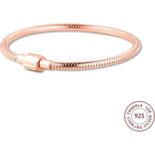 2020 New Genuine 925 Sterling Silver Rose Gold Moments Barrel Clasp Snake Chain Bracelets for Women Fashion Jewelry bijoux