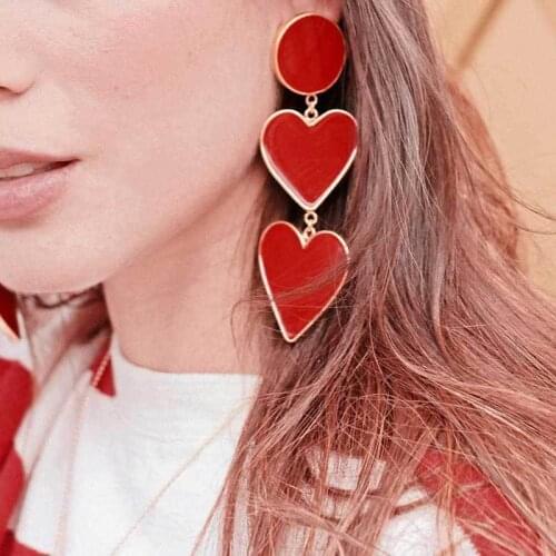 AENSOA 2021 New Design Red Heart Long Dangles Earrings for Women Girl Gift Vintage Fashion Statement Earring Trendy Jewelry