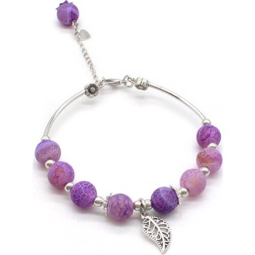 Popular Agate Stone Charm Bracelet Bangle Stainless Steel Leaf Accessory Lobster Clasp Jewelry GB024