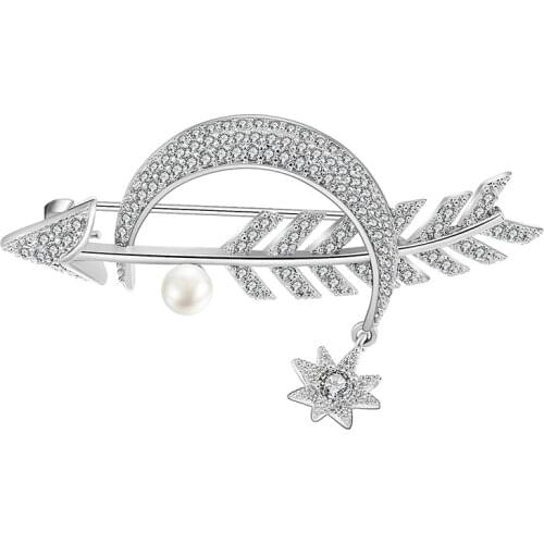 Luxury Copper Moon Arrow Shape Brooches Corsage Silver Color Star Simulated Pearl Wedding Bridal Brooch Collar Clip