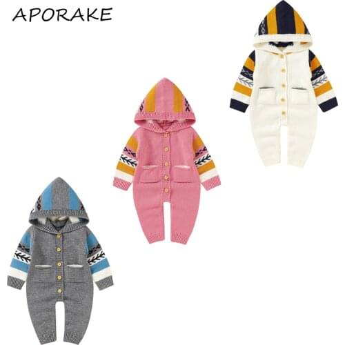 2021 0-18M Winter Fall Baby Knitted Romper Boys Girls Long Sleeve Hooded Collar Long Pants Buttoned Jumpsuit with Pockets
