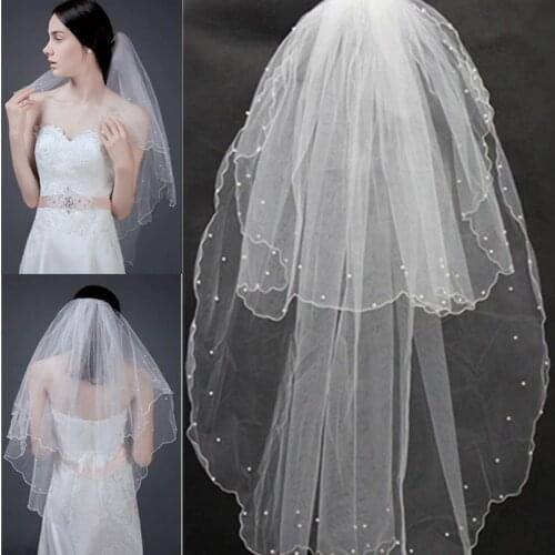 Two Layer Long Wedding Veil With Pearl Cut Edge Elegant Soft Tulle White/Ivory Bridal Veils