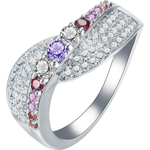 Hainon Luxury Unique Jewelry Silver Color Ring Red Purple Pink Colorful Zircon Ring for Women Birthday Wedding Engagement Gift