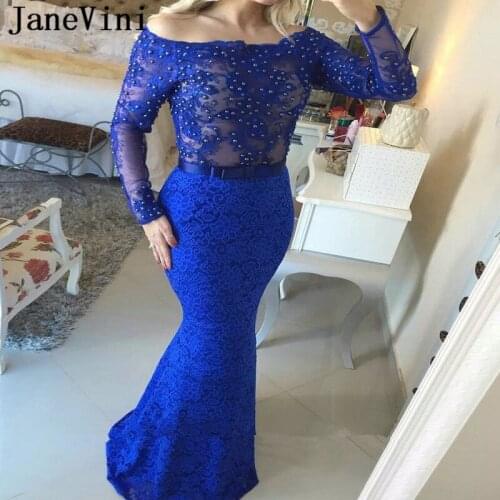 JaneVini Elegant Royal Blue Long Sleeve Dress Evening Off Shoulder Lace Pearls Backless Mermaid Sexy Perspective Party Dresses