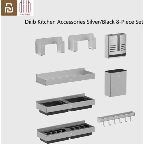Youpin Diiib Aluminum Alloy Kitchen Accessories Silver/Black 8-Piece Set Multifunctional shelf Wall installed kitchen rack