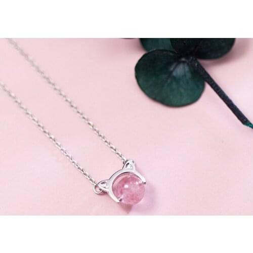 MloveAcc Real 925 Sterling Silver Cute Pink Natural Stone Cat Pendant Necklace for Women Female Necklaces & Pendants Wholesale