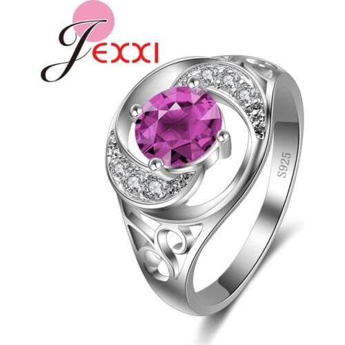 Fashion Purple Clear Crystal Hollow Rhinestone Jewelry Stamp Silver Women Wedding Luxury Finger Rings
