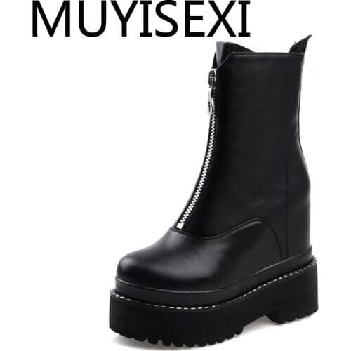 New arrival winter shoes natural leather round toe 6.5cm high thick bottom heels keep warm front zip fashion boots YT16 MUYISEXI