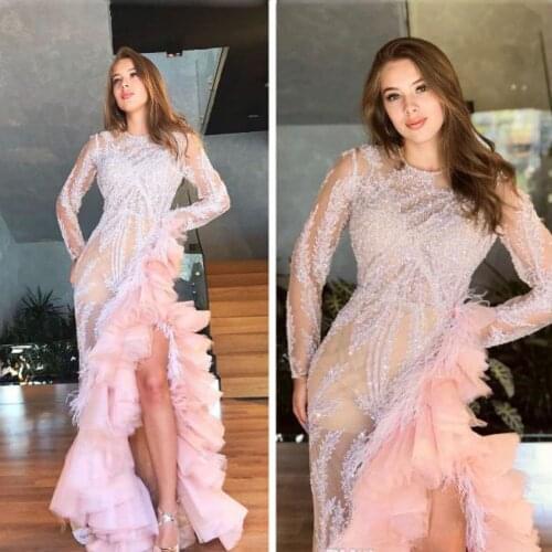 Illusion Mermaid Prom Dresses Sexy Side Split Long Sleeve Evening Party Gowns Sheer Sequined Lace Ruffles Feathers Formal Dress