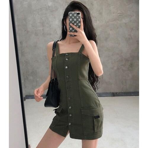 2021 Summer New Sexy Womens Girl Female Cowboy Army Green Denim Pocket Single-breasted Sexy Tight Tooling Mini tank Dress SA88