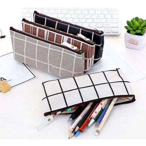 Simple Style Striped Plaid Canvas Pencil Case Pen Bag Stationery Storage Zipper Bag Students Gift School Stationery Supplies