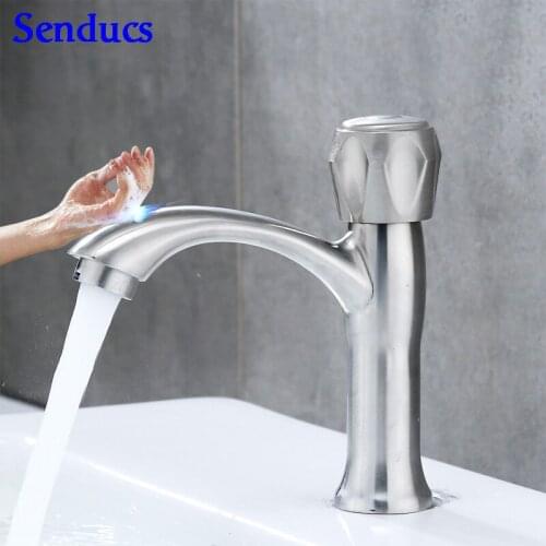 Touch Bathroom Basin Faucet Senducs Single Cold Basin Mixer Tap 304 Stainless Steel Touch Bathroom Mixer Tap Sensor Basin Faucet