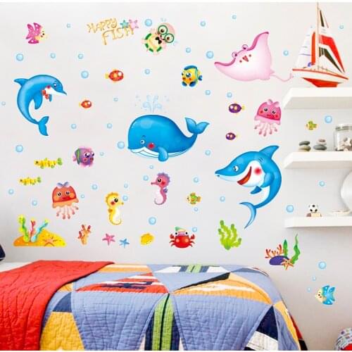 [shijuekongjian] Cartoon Fish Wall Stickers DIY Whale Dolphin Shark Wall Decals for Kids Rooms Baby Bedroom Bathroom Decoration