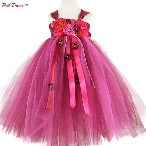 POSH DREAM Elegant Burgundy Flower Kids Girls Clothes 1- 12 Years Flower Wedding Party Tutu Dress for Kids Baby Girls Clothes D