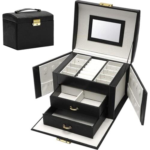 Jewelry Box Large Capacity Earrings Necklace with Mirror Watch Jewelry Drawer Storage Box Necklaces Velvet Lining Black