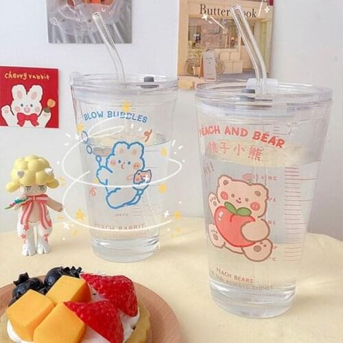 With Lid Lovely Straw Glass Cup Large Capacity Milk Tea Water Cups Best Gift For Children Student Household Home Drinkware Очк