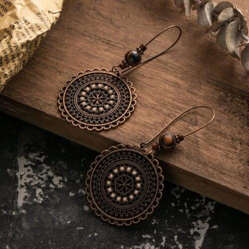 Vintage Hollow Ethnic Round Suspension Hanging Earrings for Women Females Drop Ear Ornaments Wedding Jewelry Accessories Gifts