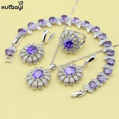 XUTAAYI Silver Jewelry Sets Purple Cubic Zirconia White Crystal Shining Necklace/Rings/Earrings/Bracelet For women