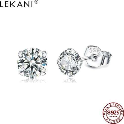 LEKANI Genuine 925 Sterling Silver Stud Earrings For Women Round Clear Cubic Zirconia Tiny Earring Silver 925 Fine Jewelry