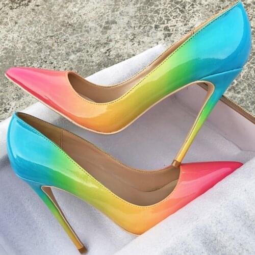 Women 12cm high heels pointed toe sexy stiletto pink blue rainbow mixed color pumps shoes plus size 45 QP030 CHENSIR9