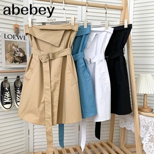 Temperament slash neck sleeveless Dress irregular design high waist bandage solid short strapless Dress 2021 New Summer