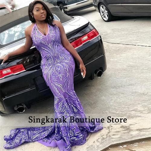 Long Sleeve High Split Sexy Purple Sequined Mermaid Prom Dresses 2021 Prom Gowns Party Dress For Women Party Robe Bal Fille