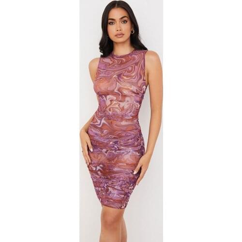 Summer Womens Round Neck Sleeveless Pleated Print Mini Dress 2021 Fashion Designer Club Party Dress Vestidos