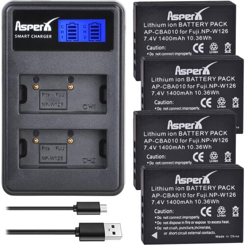 4Pcs 1400mAh NP-W126 NP W126 NPW126 Batteries + LCD Dual Charger for Fujifilm FinePix HS30EXR HS33EXR X-Pro1 X-E1 X-E2 X-M1