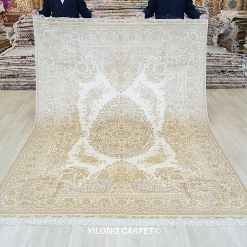 Yilong 6'x9' handmade turkish silk carpets vantage beige silk persian rug for sale (0992)