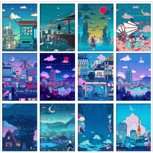 5D DIY Diamond Painting Night Moon Cartoon Landscape Nature View Modern Street Diamond Mosaic Embroidery Cross Stitch Home Decor