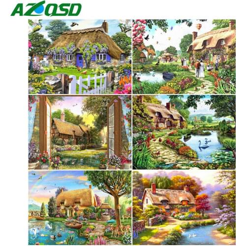 AZQSD Diamond Embroidery Diy Flower House Cross Stitch Kits Handmade Craft Diamond Painting Set Scenic Picture Home Decor