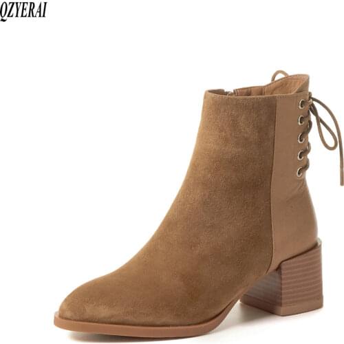 QZYERAI New style Genuine leather Fashion boots Female boots Womens boots High heels black cowhide Womens shoes