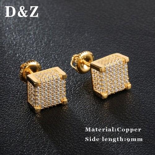 D&Z Mens Fashion Copper Geometric Stud Earrings Micro Paved Zircon Square Small Earrings For Men Hip Hop Jewelry