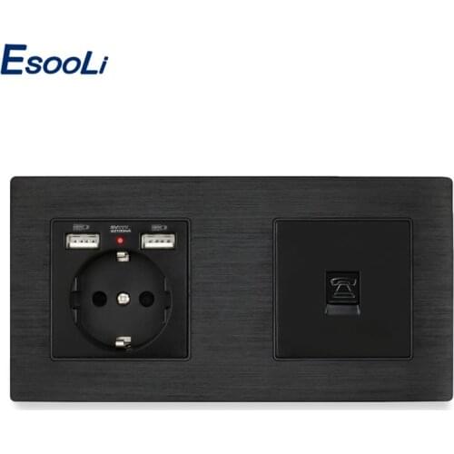 Esooli Aluminum Metal EU Standard Wall Socket Grounded With 2 USB Charge Port Hidden Soft LED+1 Gang RJ11 Telephone Connector