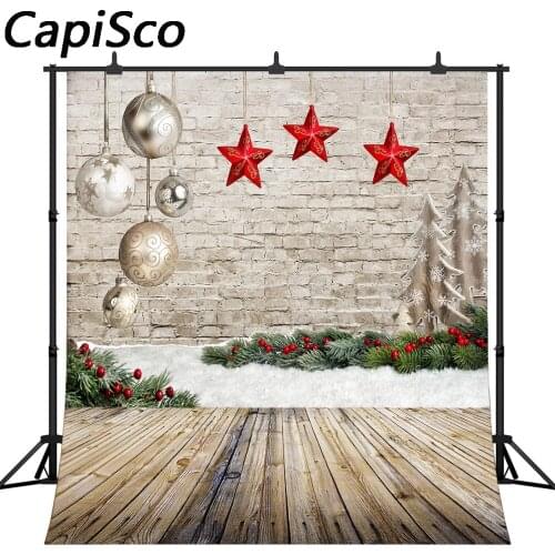 Capisco Christmas Themed Photography Backdrops Balls Red Stars Backgrounds brick Wall wood Floor Photo Background Studio Prop