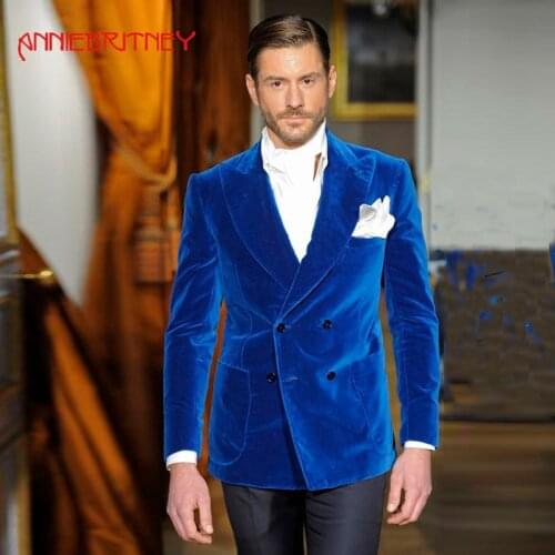 Royal Blue Velvet Men Suits for Wedding Double Breasted Male Blazer Jacket Handsome Groom Tuxedos Vintage Men Suits 2 Pieces