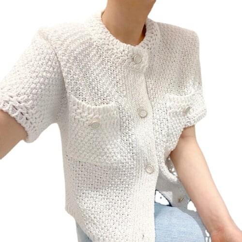 New Korean Chic Knitted Cardigan Women O-neck Short Sleeve Single Breasted Solid Casual Sweater Jackets Simple Fashion Coat