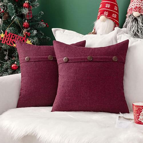 Set of 2 Linen Throw Pillow Covers Cushion Case Triple Button Vintage Farmhouse Pillowcase for Couch Sofa Bed 18 x 18 Inch Red