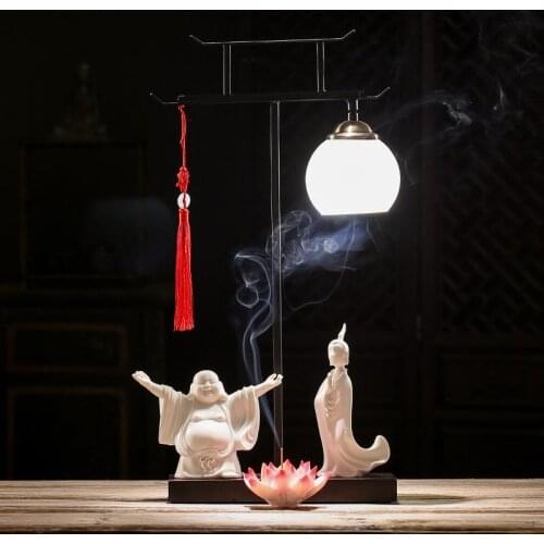 Backflow Incense Burner Ceramic Night Light Incense Stick Holder White Porcelain Maitreya Zen Lotus Table Lamp Ornaments