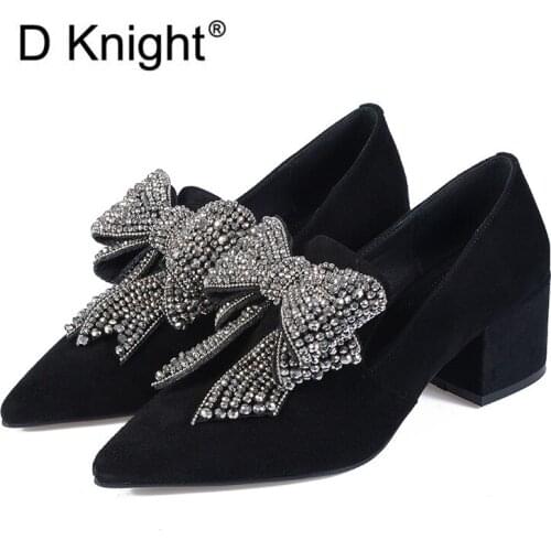 Fashion Big Bow High Heels Women Pumps 2020 Spring Rhinestones Pointed Toe Shoes Women Shallow Mouth Square Heels Female Pumps