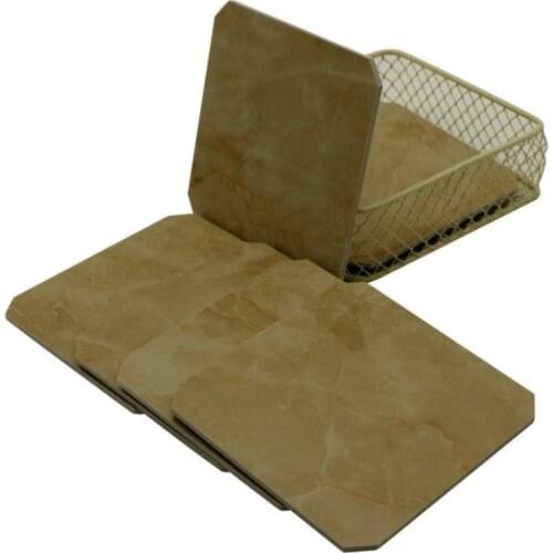 Square Marble Pattern Coaster Set with Wire Basket Holder, Dinner Coaster Table Drink Coasters, Home/Office Décor