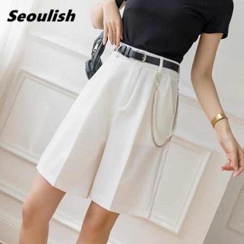 Seoulish 2021 New Summer Minimalist Womens Half Suit Pants with Belted High Waist Wide Leg Pants Elegant Loose Trousers Pockets