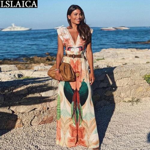 New Women Loose Jumpsuit Floral Print Sexy V-Neck Sleeveless High Waist Wide Leg Jumpsuit Summer Beach Monos De Verano 2020
